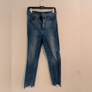 Express super high waisted slim straight leg jeans with raw/destroyed hemline